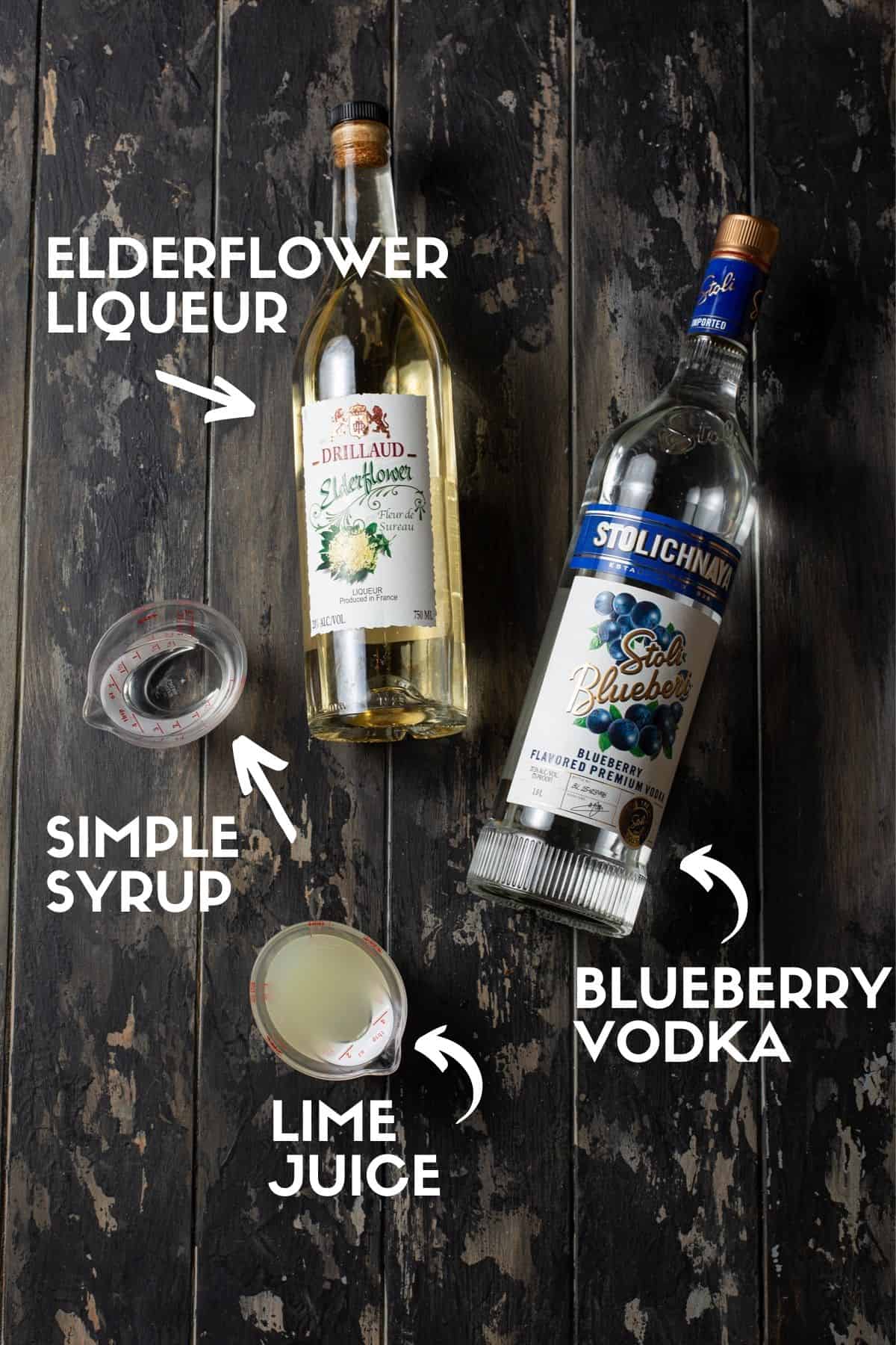 ingredients needed for blueberry martini.