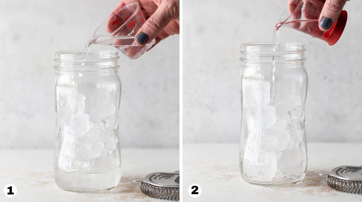 Hand pouring clear liquor into mason jar filled with ice. 